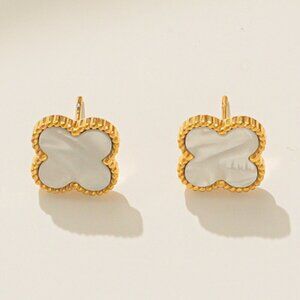 18K Gold Plated Stainless Steel Earrings, White Clover Quatrefoil Design